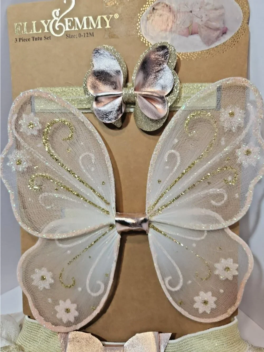 Brand New Elly & Emmy 3 Piece Tutu Set Size 0-12M Floral w/Butterfly Wings